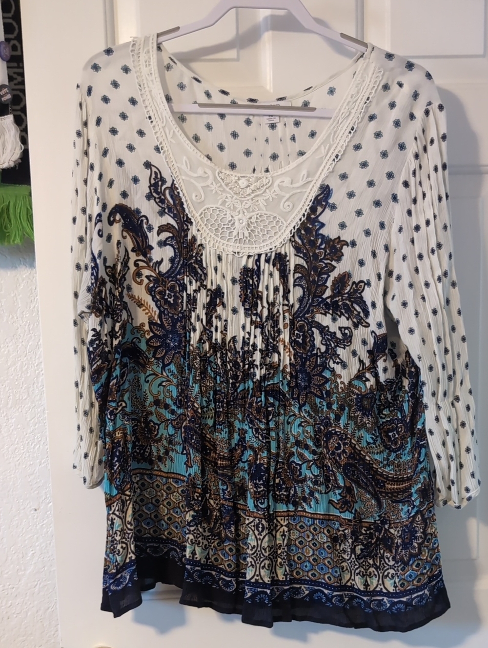 dressbarn Cream Tunic with Blue & Brown Paisley Print
